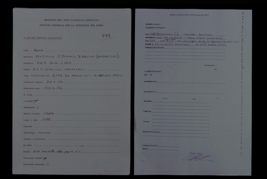 Schede dei laboratori. Roma, Biblioteca Angelicum della Pontificia Università San Tommaso d'Aquino, BQT 2416.L8C7
icpal_26081
Keywords: 1412/1993, 1412.17/1993, Angelicum BQT 2416.L8C7, Angelicum