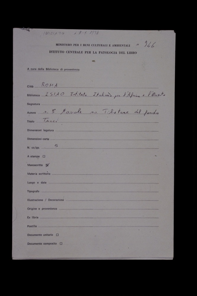 Scheda progetto di restauro. Roma, Istituto italiano per l'Africa e l'Oriente (IsIAO), Fondo Tucci
icpal_29387
Keywords: 1580/1997, IsIAO Fondo Tucci, IsIAO