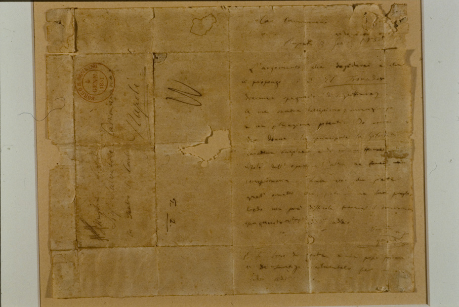 Lettera di Giuseppe Verdi a Salvatore Cammarano, 1851. Roma, Collezione privata
icpal_23828
Keywords: 1592/1998, Roma Collez. privata Lettera di Verdi a Cammarano 1851, Roma Collez. privata