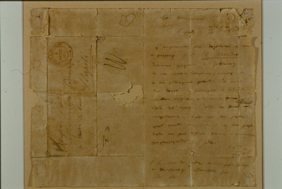 Lettera di Giuseppe Verdi a Salvatore Cammarano, 1851. Roma, Collezione privata
icpal_23829
Keywords: 1592/1998, Roma Collez. privata Lettera di Verdi a Cammarano 1851, Roma Collez. privata
