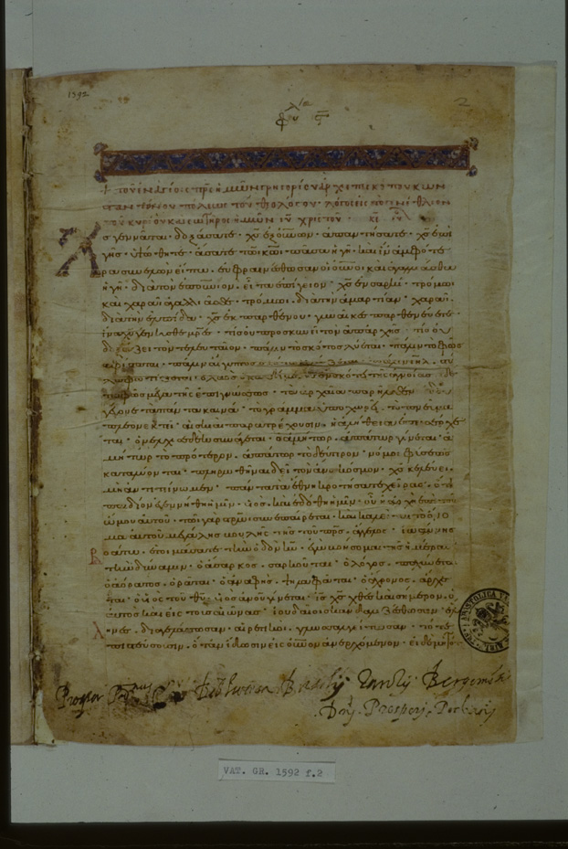 	Città del Vaticano, Biblioteca Apostolica Vaticana, Leg. Vat. gr. 1592 - Vat. gr. 1592
icpal_10899
Keywords: BAV Leg. Vat. gr. 1592 - Vat. gr. 1592, BAV