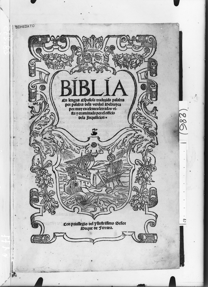 Biblia en lenga espanola, 1553. Ferrara, Biblioteca Comunale Ariostea
doc_06177
Keywords: Ariostea Biblia [1553], Ariostea