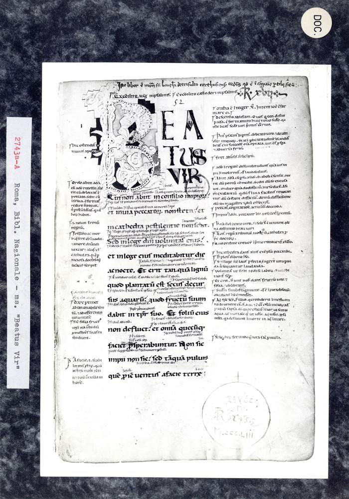 Roma, Biblioteca Nazionale Centrale, Ms. “Beatus Vir”
doc_02743_a
Keywords: BNCR Ms. “Beatus Vir”, Decorazioni zoomorfe, BNCR