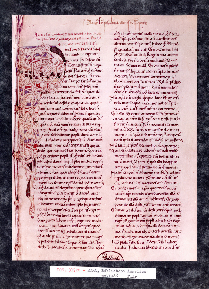 Roma, Biblioteca Angelica, Ms. 1086
pos_31720
Keywords: Angelica Ms. 1086, Decorazioni zoomorfe, 10. sec., Angelica