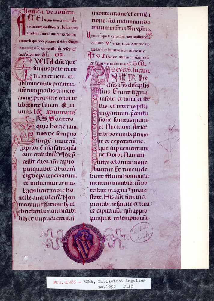 Roma, Biblioteca Angelica, Ms. 1092
pos_31986
Keywords: Angelica Ms. 1092, Stemmi, Decorazioni zoomorfe, 9. sec., Angelica