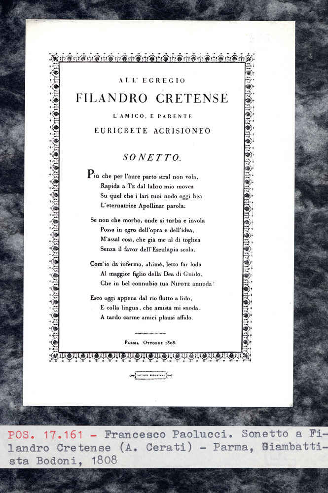 Edizioni del 19. sec., Sonetto a Filandro Cretense, 1808
pos_17161
