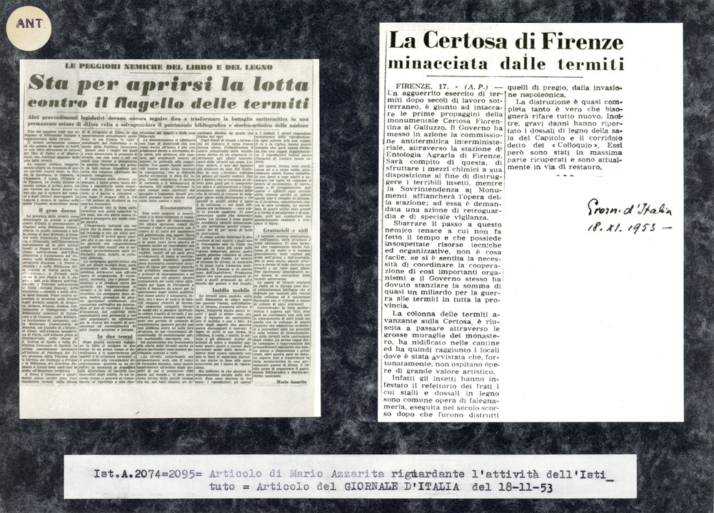 Articolo “La Certosa di Firenze minacciata dalle termiti”, “Giornale d'Italia” - 18/11/1953
ant_ex-ist_02095
Keywords: Studi-ricerche-articoli (antitermitica), Toscana (antitermitica), ANT.EX-IST.02074, ANT.EX-IST.02095